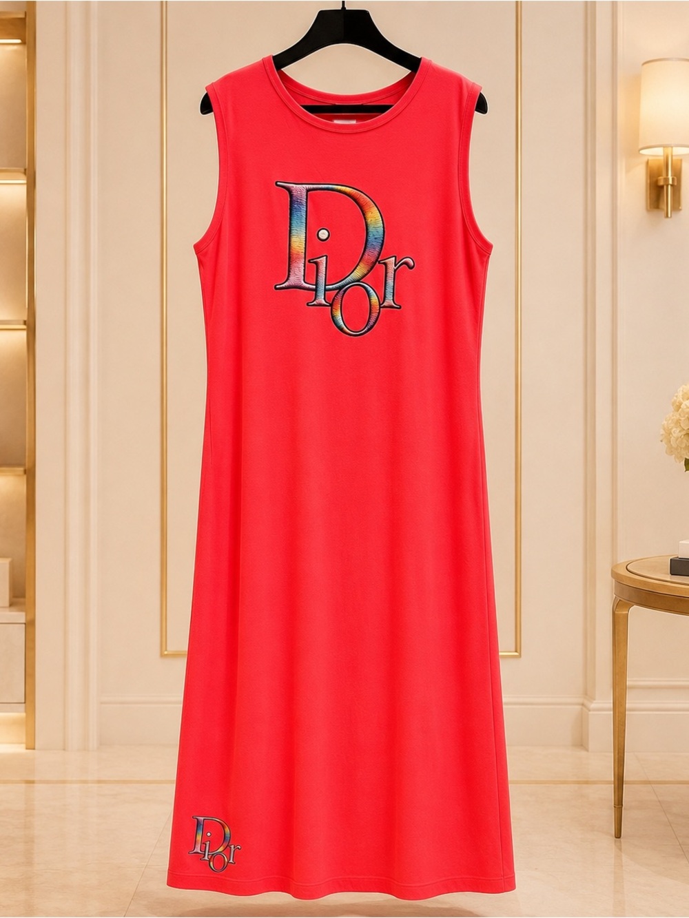 Sleeveless Coral Maxi Dress with Multicolor Logo